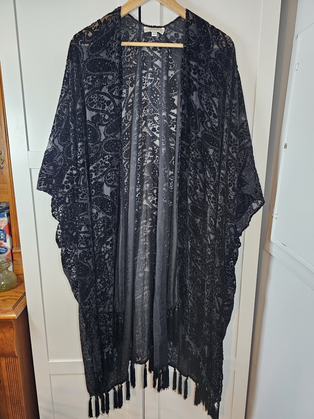 Umgee Black Burnout Velvet Paisley Kimono Duster Fringe Boho Open Front XL/1XL